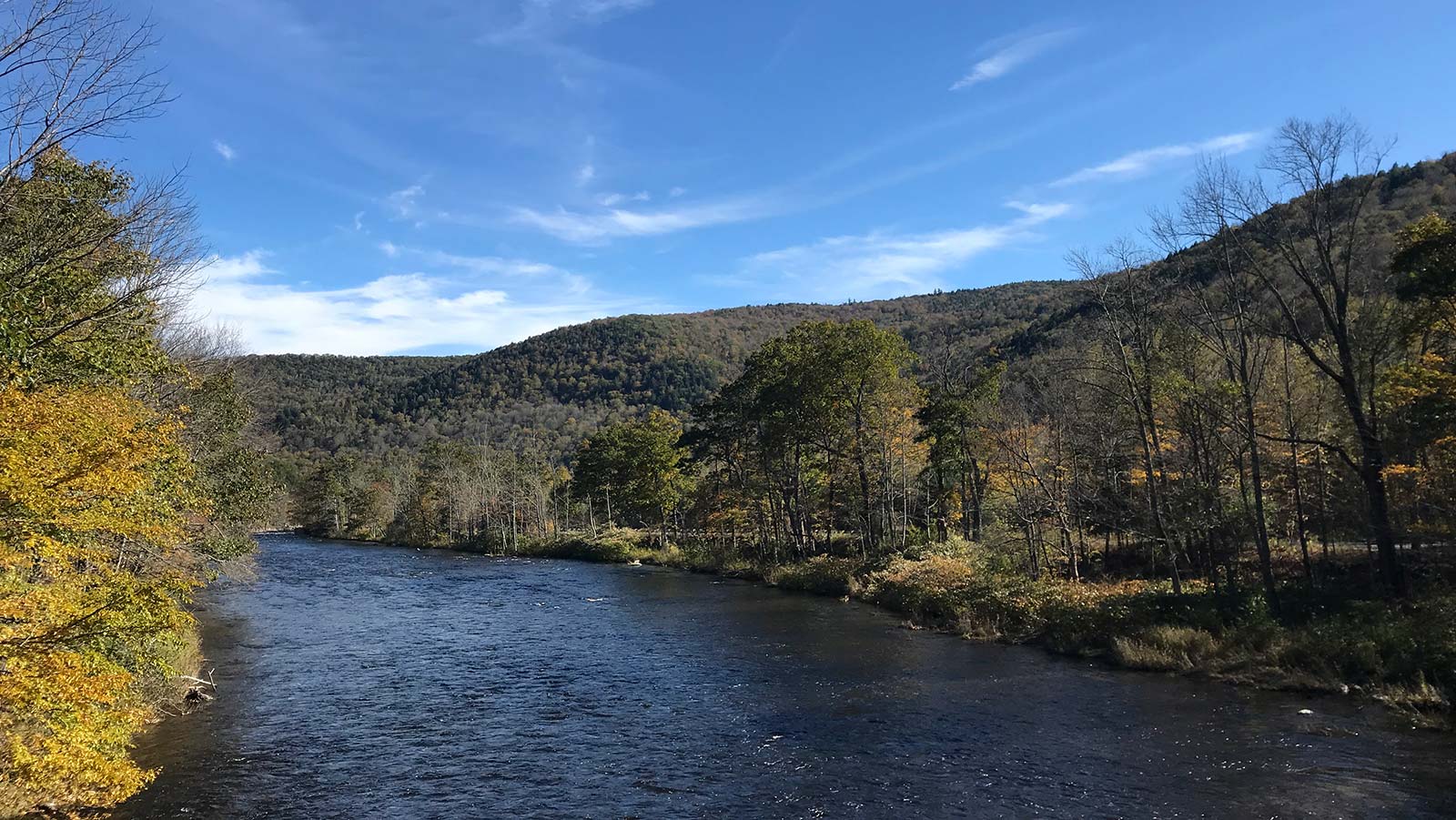 View of the Deerfield River in Rowe, Massachusetts, on a fall day.